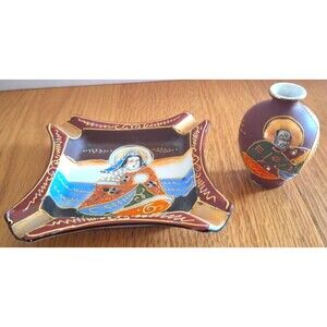 VTG MCM Satsuma Moriage Hand Painted Ashtray And Minature Bud Vase from Japan